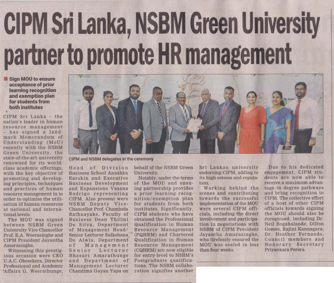 CIPM Sri Lanka and NSBM Green University sign landmark MOU to promote Human Resources Management