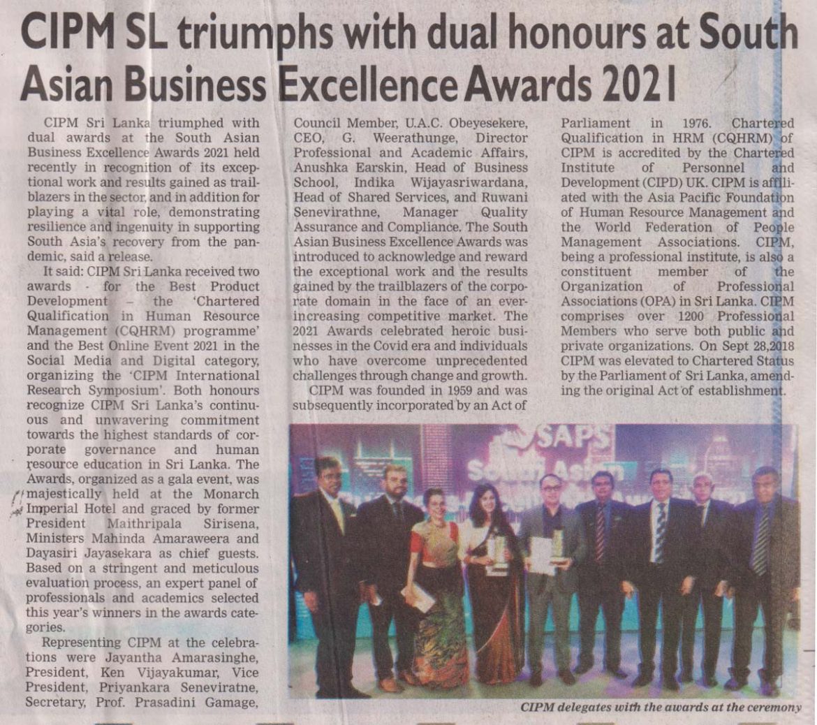 CIPM SL triumphs with dual honours at South Asian Business Excellence Awards 2021