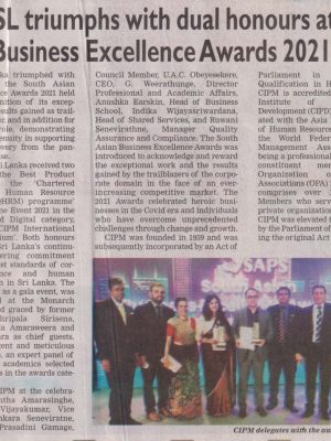 CIPM SL triumphs with dual honours at South Asian Business Excellence Awards 2021