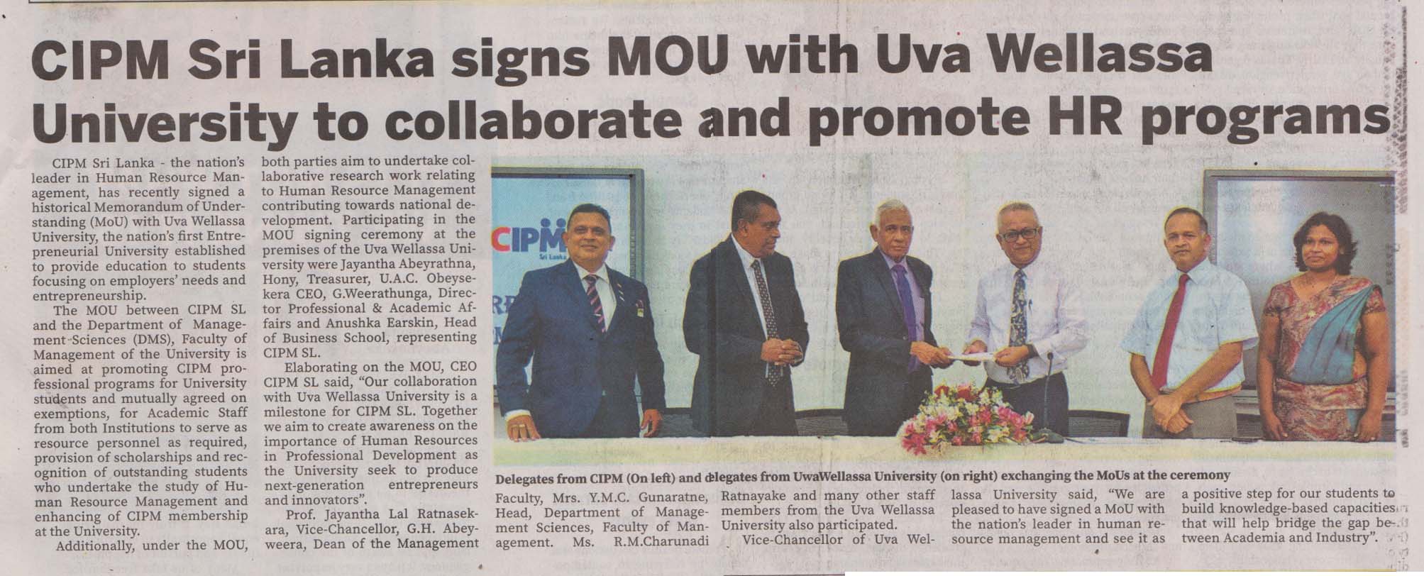 CIPM Sri Lanka signs MOU with Uwa Wellassa University to collaborate and promote HR programmes 