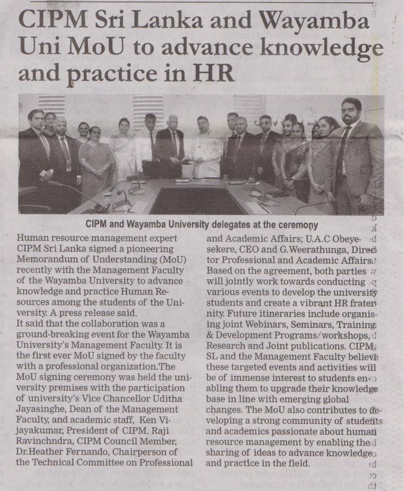 CIPM Sri Lanka and Wayamba University sign pioneering MoU to advance knowledge and practice in HR