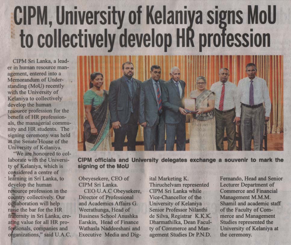 CIPM and University of Kelaniya MOU to Collectively Develop the HR Profession