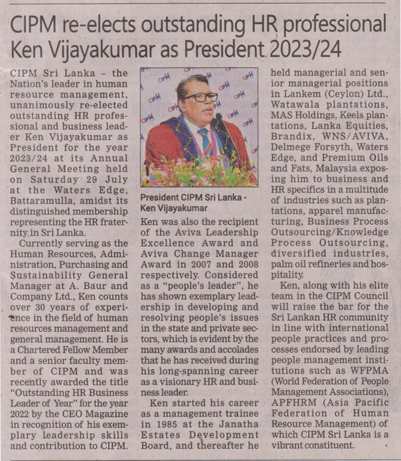 CIPM re-elects outstanding HR professional Ken Vijayakumar as President 2023/24